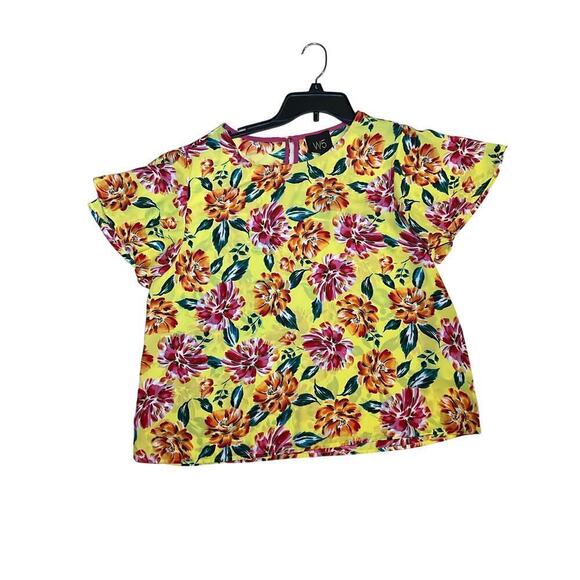W5 Blouse Top Women's L Yellow Floral Flutter Short Sleeve Round Neck Polyester - Picture 4 of 5